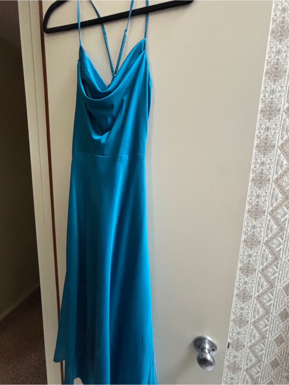 Satin Cowl Neck Slip Dress in Teal Blue